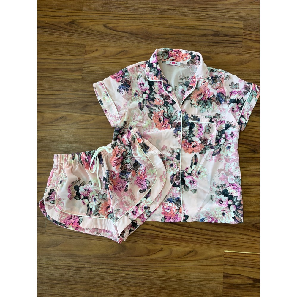 Buddy Love Aurora-22 Pink Floral Pajama Set Shorts & Button Down Top Small